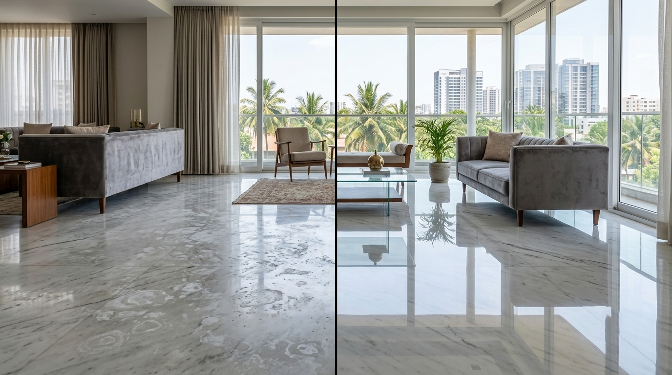 Before and after split screen showing dull hard water damaged marble restored to a glossy shine in a Bangalore home.