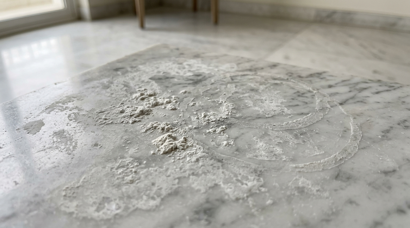 Close up of white chalky hard water etching marks on a premium marble floor.