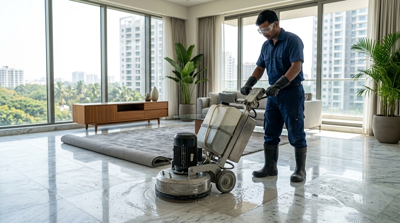 Trained Utile professional using a diamond floor grinding machine on dull marble in a Bangalore apartment.