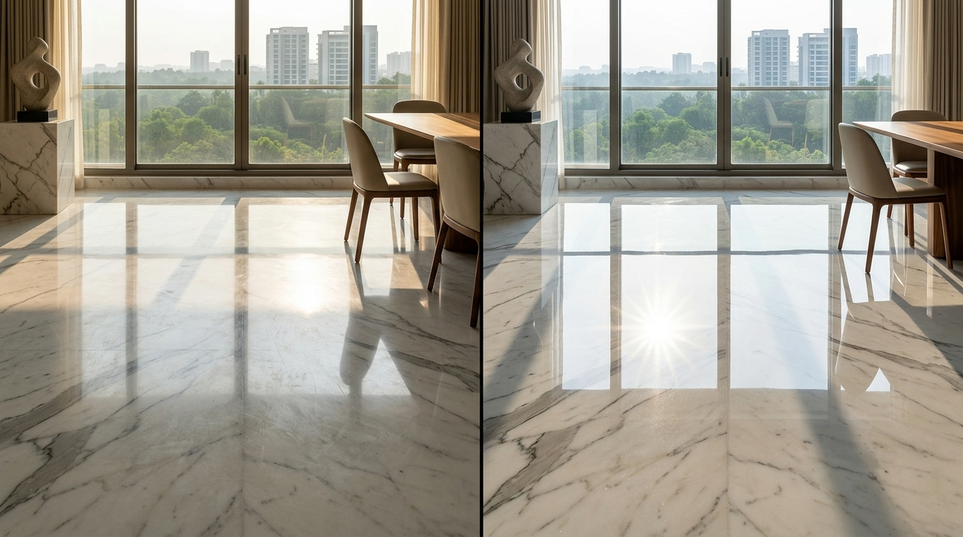 Split screen comparison of basic cosmetic marble polishing versus deep diamond marble restoration in a Bangalore home.