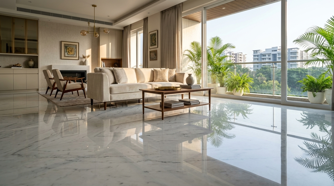 Ultra glossy, fully restored premium marble floor reflecting a luxury living room interior in Bangalore.
